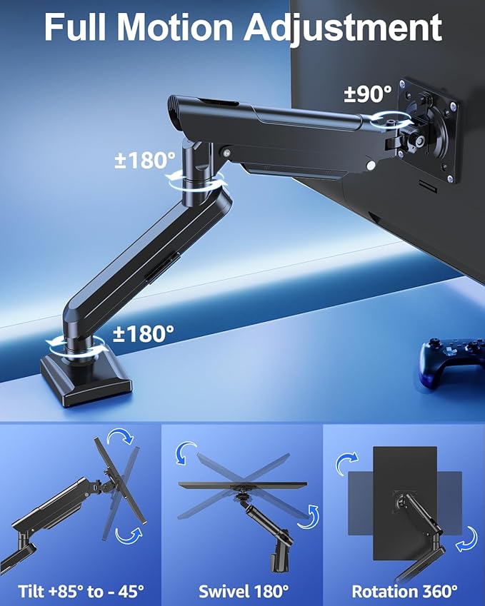 Single Monitor Mount for 32 27 24 22 inch Screen, Monitor Arm Holds 4.4-22 lbs, Monitor Desk Mount, Gaming & Home Office Use, VESA 75x75mm & 100x100mm, Freelift Pro Black