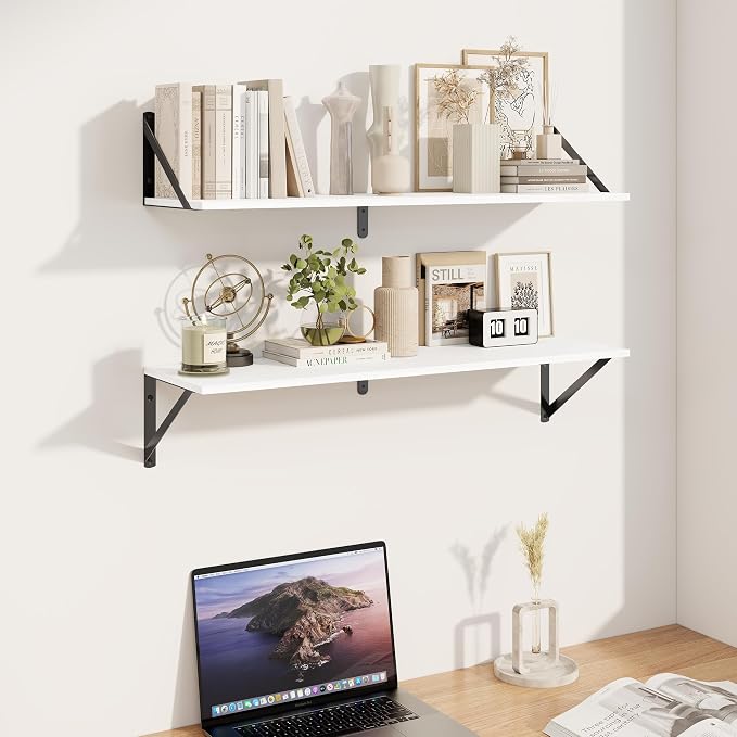 Heimlove White Deep Floating Shelves for Wall, 32W x 8D Wood Wall Shelves Set of 2, Wide Floating Bookshelf for Living Room, Kitchen, Office, Bedroom and Decor Storage, with Black Bracket - White