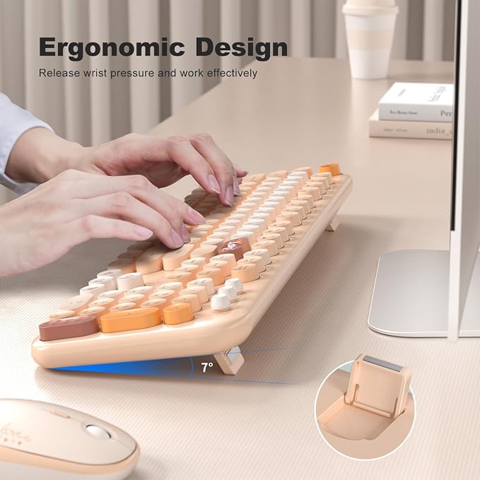 MOFII Wireless Keyboard and Mouse Combo, Full Size 2.4G Plug and Play Typewriter Retro Round Computer Keyboard and Mouse Set for Windows, Computer, Desktop, PC, Notebook - (Milk Tea Colorful)