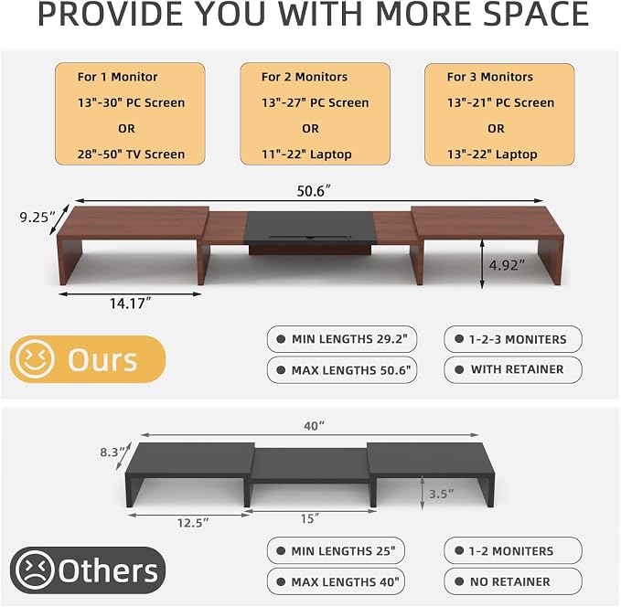 WESTREE Triple Monitor Stand Riser - Extra Long, Adjustable Length & Angle, 3 Shelf Desktop Storage for 1-3 Monitors