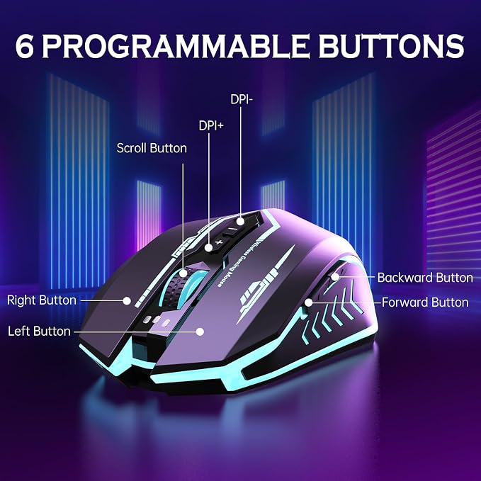 UHURU Wireless Gaming Mouse Up to 12000 DPI, Rechargeable USB-C Wireless Mouse with 7 Buttons 7 Dynamic LED Color Ergonomic Programmable MMO RPG for PC Laptop, Compatible with Windows Mac