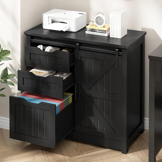 Vabches Lateral File Cabinets with Adjustable Shelf, Farmhouse Filing Cabinet for Home Office, Filing Organization Storage Cabinets with Sliding Barn Door for Hanging Files Letter/A4,Black