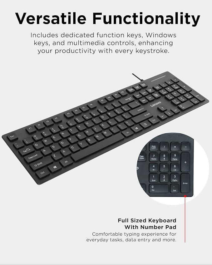Lenovo 305 Wired USB-C Keyboard with Numeric Keypad, Full Size Keyboard, Slim Design, Black, USB-C Connectivity, Dedicated Function & AI Keys, for Gaming PC, Laptop, Desktop, Tablet, Home Office