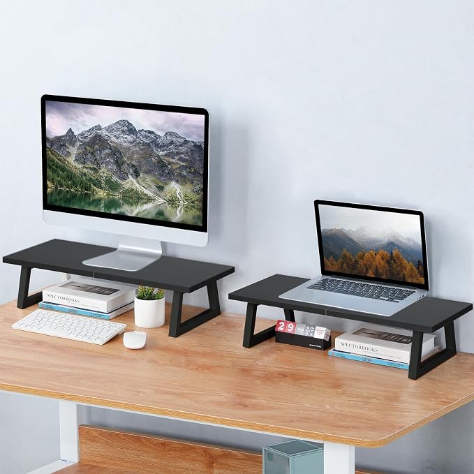 TEAMIX 24 inch Monitor Stand Riser, Black Wood & Steel Computer Monitor Stand with Storage, Laptop, PC, Printer Stand Riser for Desktop Office Desk Organizers
