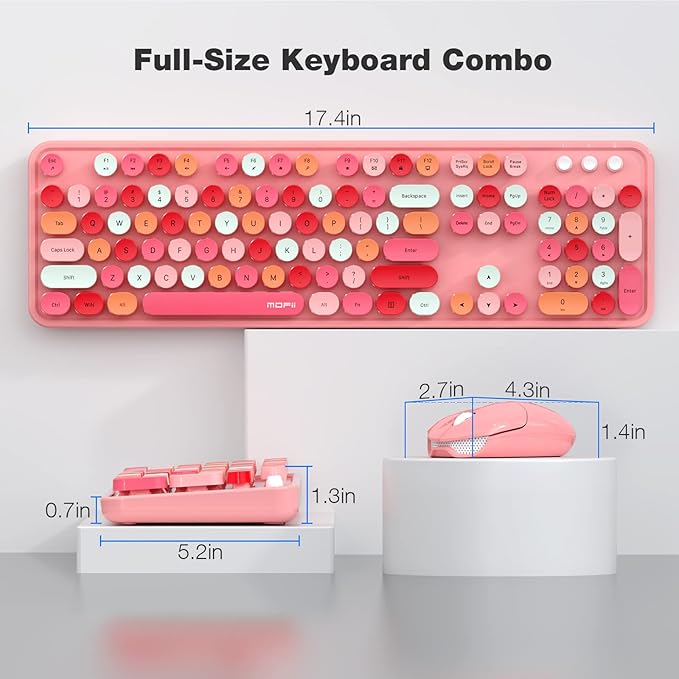 MOFII Wireless Keyboard and Mouse Combo, Pink Wireless Keyboard, 2.4GHz Retro Full Size with Number Pad & Cute Mouse for Computer PC Laptop Windows XP/7/8/10 (Pink-Colorful)