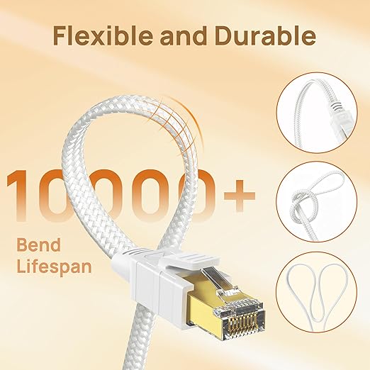 Orbram Cat 8 Ethernet Cable 10 ft White, Nylon Braided High Speed Heavy Duty Network LAN Patch Cord, 40Gbps 2000Mhz SFTP RJ45 Flat Internet Cable Shielded in Wall, Indoor&Outdoor for PC/Modem/Router