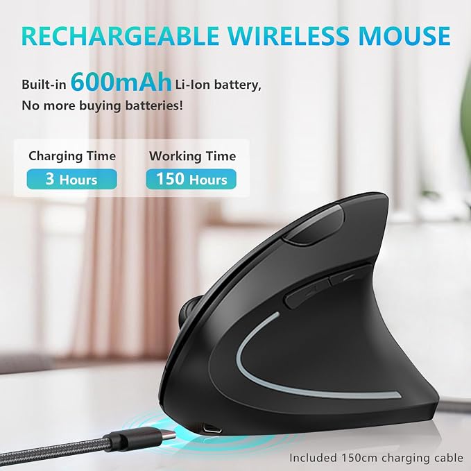 Ergonomic Mouse, LEKVEY Vertical Wireless Mouse - Rechargeable 2.4G Optical Vertical Mice : 3 Adjustable DPI 800/1200/1600 Levels 6 Buttons, for Laptop, Mac, PC, Computer, Desktop, Notebook etc, Black