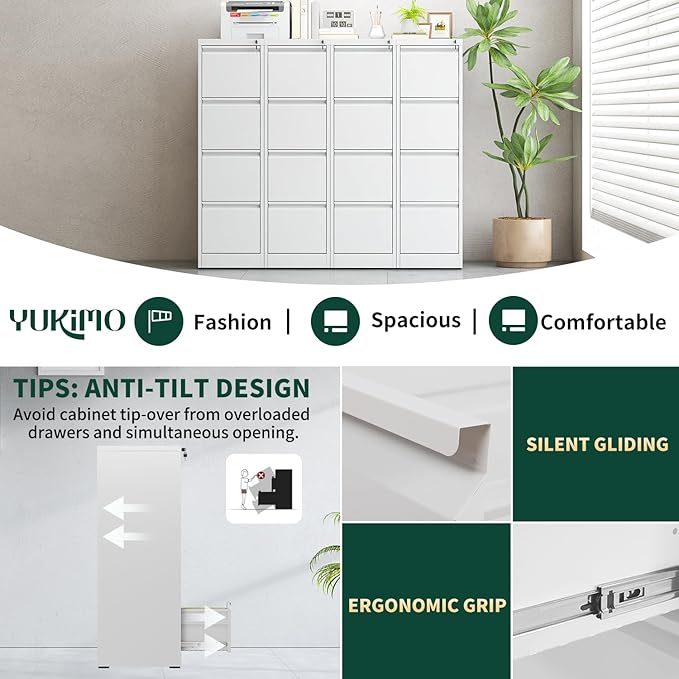 4 Drawer File Cabinet with Lock, Vertical File Cabinet with Lock, Locking File Cabinet Hanging Files for A4/ Legal/Letter, Require Assembly, White