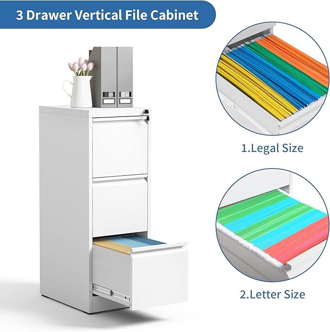 3 Drawer File Cabinet with Lock, Metal Vertical Filing Cabinets for Home Office, Steel Storage Cabinet for Hanging Legal/Letter Size Files, Assembly Required (White)