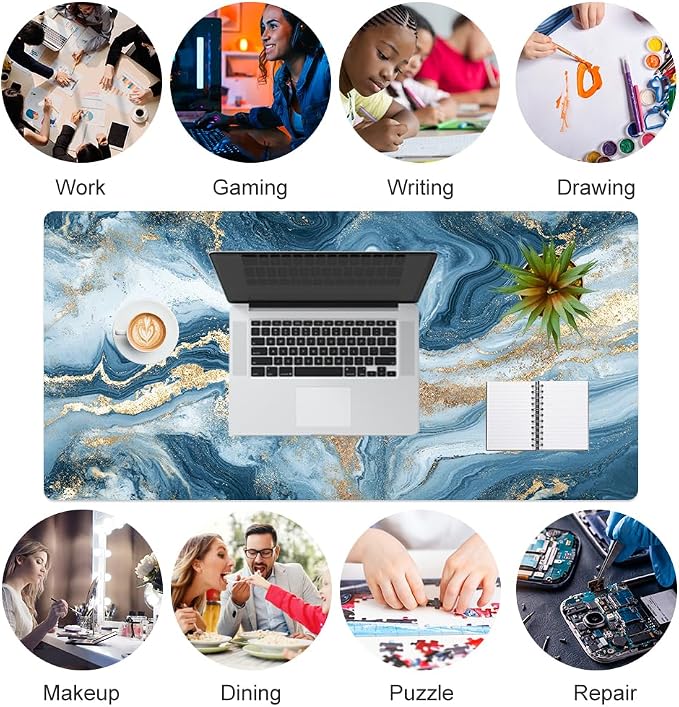 QIYI Desk Pad Large Keyboard and Mouse Pad for Laptop Computer, PU Leather Desk Cover Protector, Desk Décor Accessories for Office Home Work Writing Gaming 31.5" x 15.7" - Blue White Marble