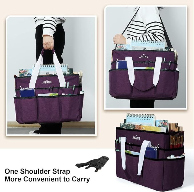 JJRING Craft Organizer Tote Bag, Large Art Storage Caddy with Multiple Pockets, Deep Purple Sewing Bag for Art, Craft, Scrapbooking, Medical, and Office Supplies Storage