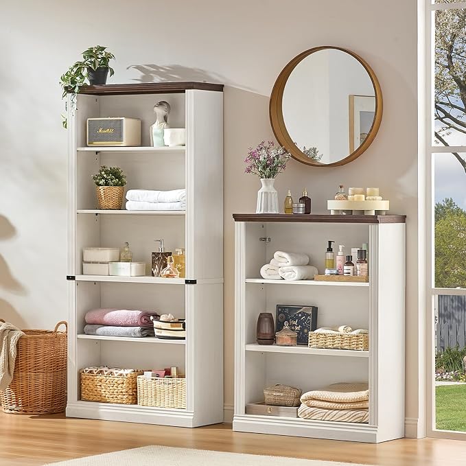 RWYHG 43" White Tall Bookshelf Set of 4,3-Tier Thick Wooden Book Shelf with Adjustable Shelves,Free Standing Farmhouse Bookcase with Open Display Storage,Floor Vintage Bookshelves for Living Room