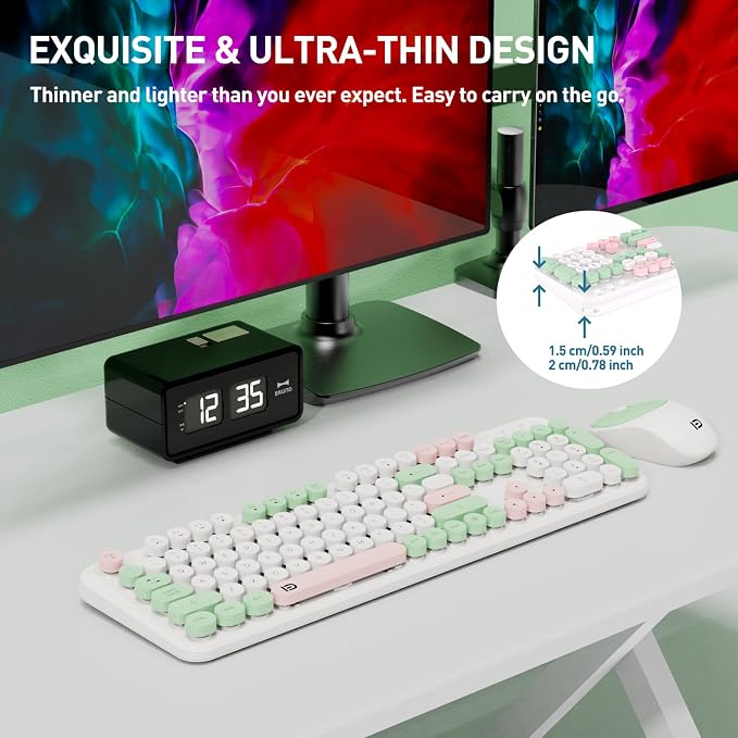 Wireless Keyboards Mouse Combos, Colorful Cute Typewriter Full-Size Retro Round Creamy Keyboard, 2.4GHz Sleep Mode Office Wireless Keyboard and Mouse Set for Desktop Laptop PC Computer
