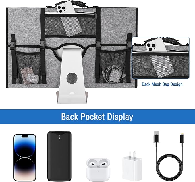 MOSISO Monitor Carrying Case, 24 inch Padded Monitor Travel Bag Cover Case, Protective Computer Monitors Handbag Dust Covers with Adjustable Shoulder Strap & 3 Pockets for 24 inch Monitors, Gray
