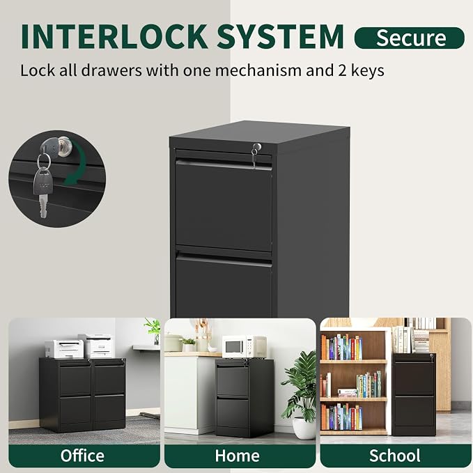 4 Drawer File Cabinet with Lock, Vertical Filing Cabinets for Home Office, Locking File Cabinet Hanging Files for A4/ Legal/Letter, Require Assembly, Black