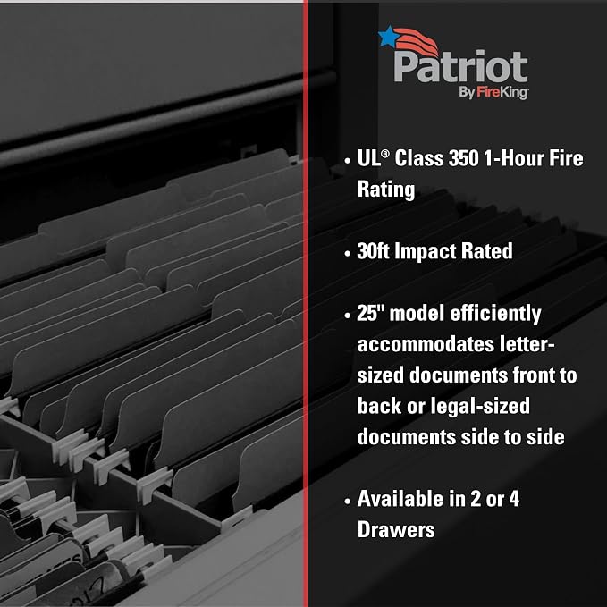 FireKing Patriot Vertical 4 Drawer Legal & Letter Fire Safe File Cabinet, Key Lock, 1 Hour Fire Rated UL Rated & Water Resistant, USA Made, Black