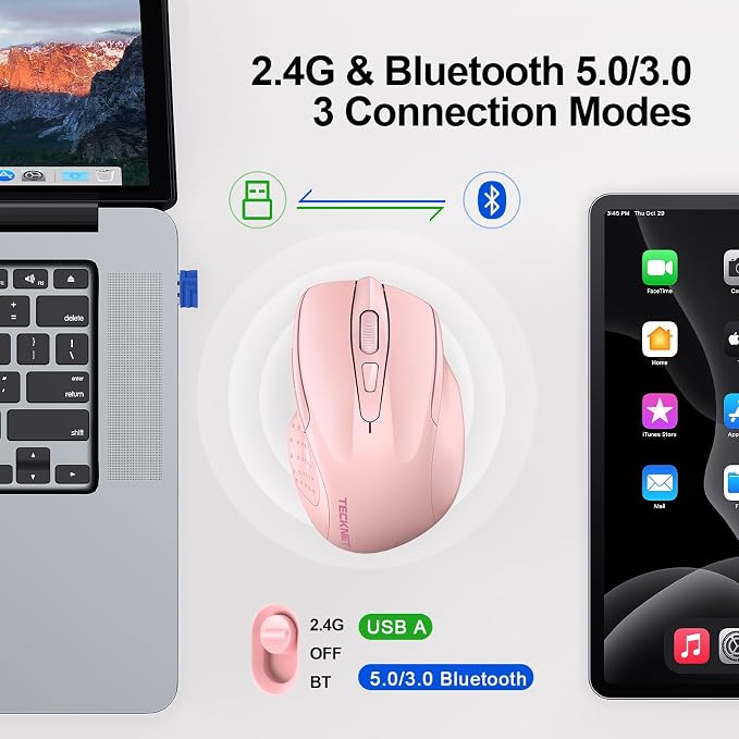 TECKNET Wireless Mouse (2.4G & BT5.0/3.0) Silent 4800 DPI Computer USB A & Bluetooth Mouse 6 Buttons, Wide Compatibility - Pink