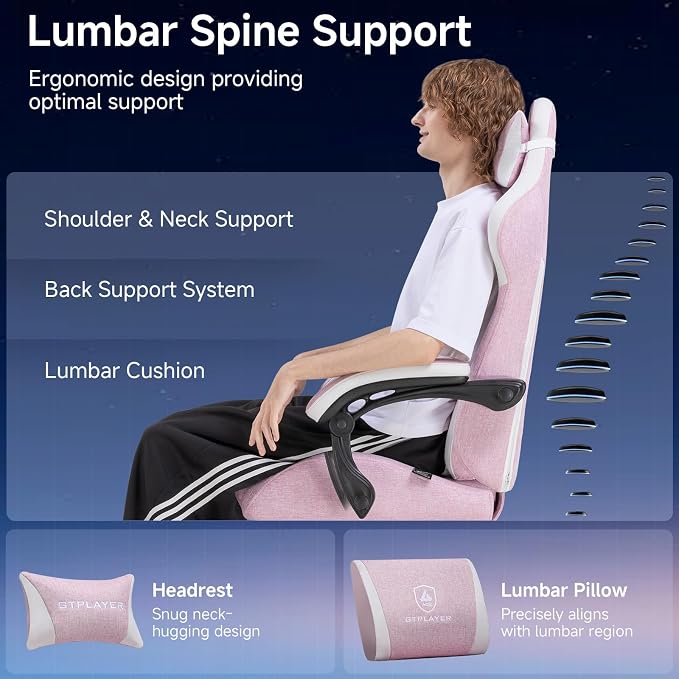 GTPLAYER Gaming Chair, Video Game Chairs with Footrest and Lumbar Support, Computer Chair for Adults with Extended Backrest, Ergonomic Reclining Silla Gamer, Linen Fabric, Pink