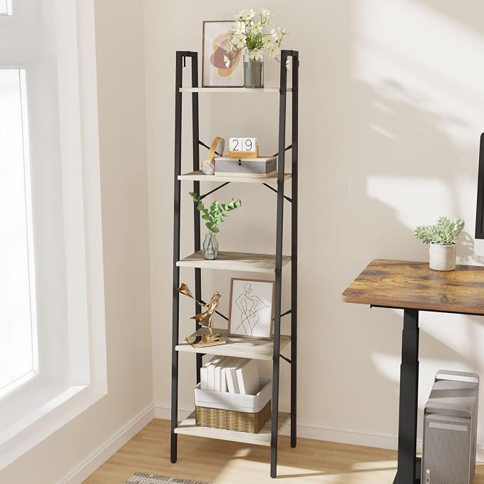 Hzuaneri Ladder Shelf, Bookshelf Bookcase, Freestanding Corner Storage Shelve with 2 Hooks for Home Office, Living Room, Kitchen, Bedroom, Industrial, 11.8" D x 17.3" W x 63" H, Greige BC19205B