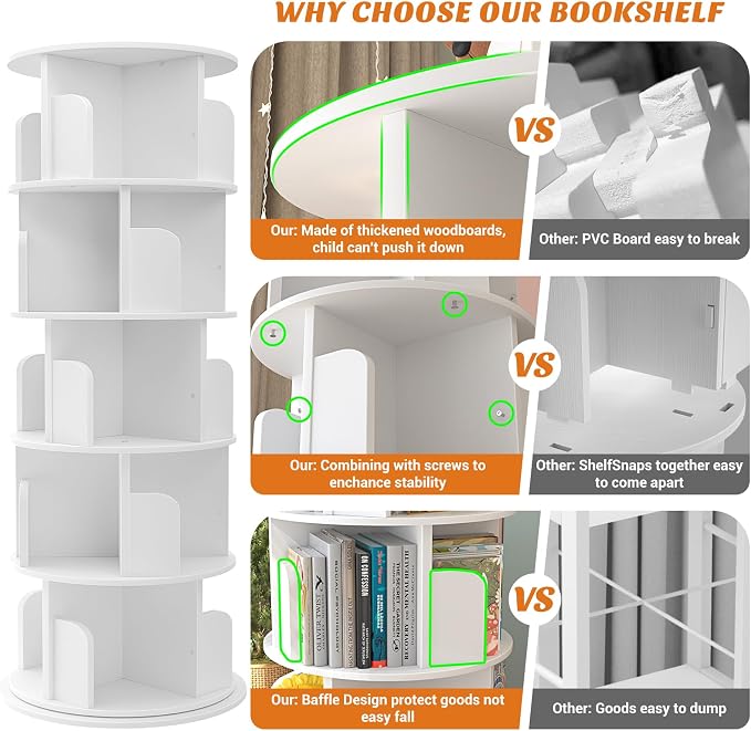 Aheaplus Rotating Bookshelf, 360 Display Wood Spinning Bookshelf Tower, 5 Tier Floor Standing Bookcase Storage Rack, Revolving Bookcase Corner Bookshelfs for Small Space, Bedroom, Study Room, White