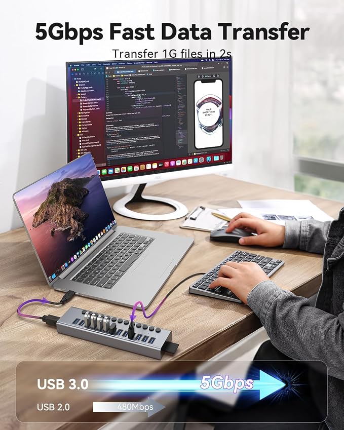 Powered USB 3.0 Hub, Wenter 13 Ports Powered USB Hub with SD/TF Card Reader, Aluminum USB Splitter with Individual On/Off Switches, 12V/3A 36W Power Adapter for PC/Laptops