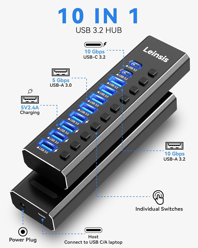 Powered USB Hub 3.2, LEINSIS 10-Port USB 3.2/USB C Hub (10Gbps USB-A 3.2 +2 USB-C 3.2 +7 USB 3.0 Ports) with Individual On/Off Switches and 12V Power Adapter, Aluminum USB Hub Powered for Laptop PC