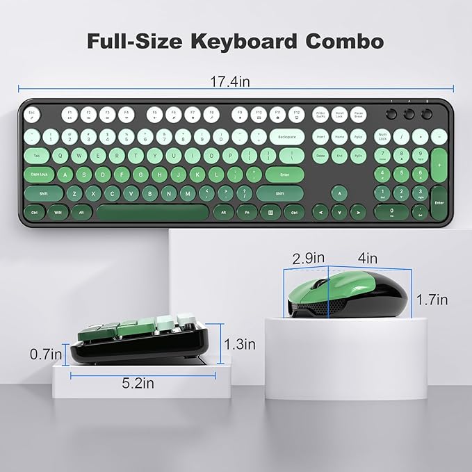 Wireless Keyboard and Mouse Combo, 2.4GHz Gradient Colorful Full-Size Retro Typewriter Keyboard with Wireless Mouse for PC/Desktop/Laptop/Windows (Black Green)