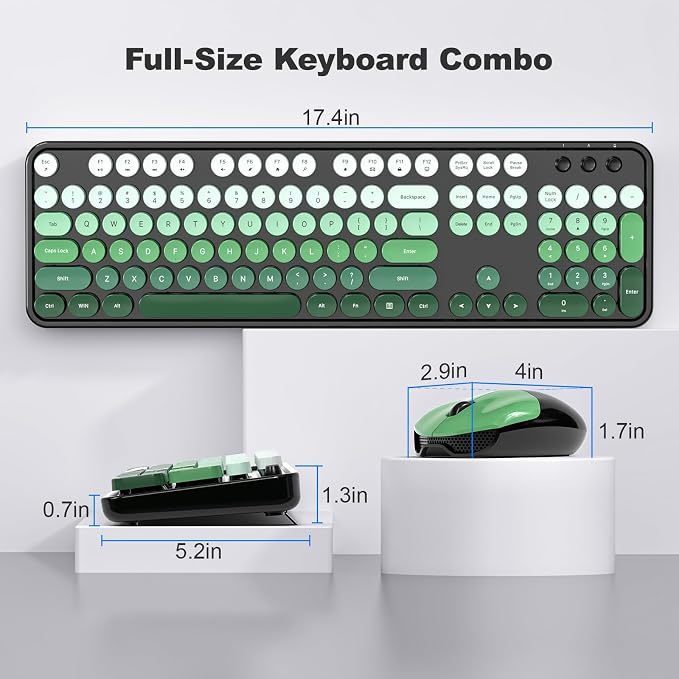 Wireless Keyboard and Mouse Combo, 2.4GHz Retro Full-Size Typewriter Keyboard with Number Pad and Wireless Mouse for PC/Laptop/Desktop/Windows (Black Green)