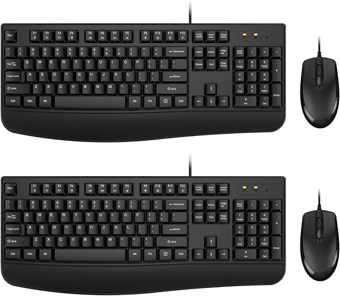 Wired Keyboard and Mouse Combo, EDJO Full-Sized Ergonomic Computer Keyboard with Palm Rest and Optical Wired Mouse for Windows, Mac OS Desktop/Laptop/PC (2 Pack)