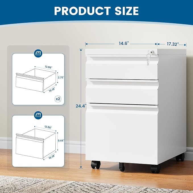PEUKC 3 Drawers Mobile File Cabinet with Lock, Under Desk Rolling File Cabinet for Home Office, Organizes Letter Legal A4 Files, White(Pre-Assembled)