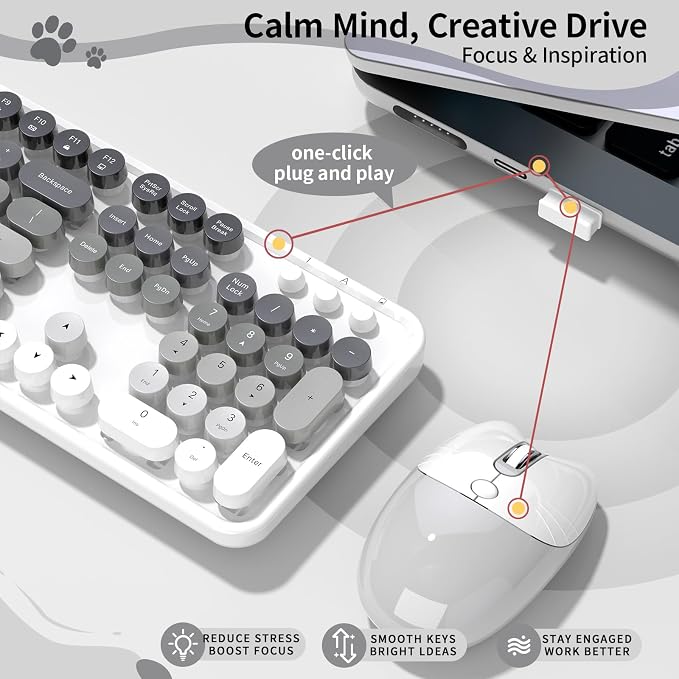 Creamy Wireless Keyboard and Mouse, MOFII 104 Round Keycaps Retro Typewriter with OTG & Brush, Full-Size Ergonomic, Ideal for Windows PC, Home, Office and College Gray White