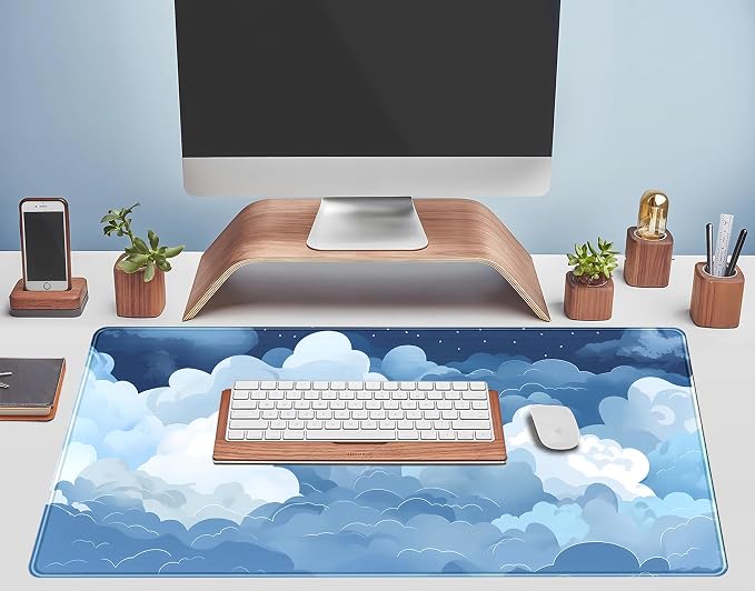 Aesthetic Blue and White Puffy Clouds Desk Mat, XXL Large Kawaii Blue Extended Gaming Mouse Pad with Stitched Edges, Cute Big Laptop Keyboard and Mouse Mat for Women Office Decor Mat 31.5x15.7 in