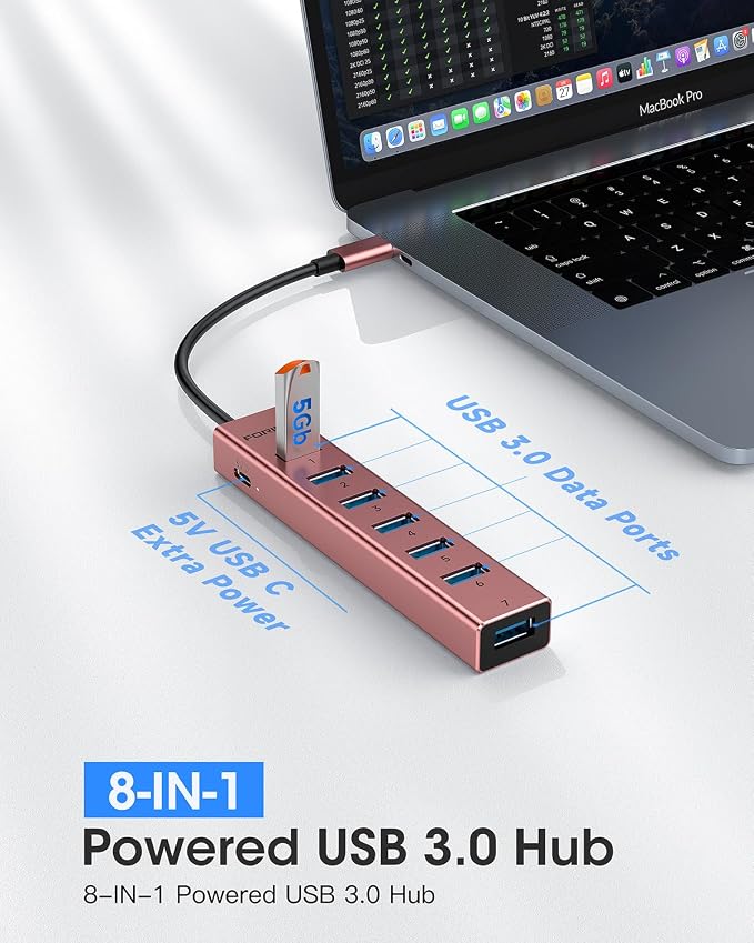 FORIDA USB C Hub-8 Port USB HUB with 7 USB3.0 Data Ports,Aluminum Alloy USBC Splitter with Type C 5V/3A Power Port Compatible with MacBook,iPad,Surface Pro,Laptop,PC (Rose Gold,USB C-9.8in)