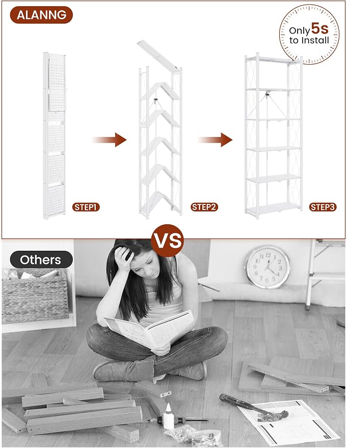 ALANNG 73.6 Inch Folding Bookshelf, 6 Tier Metal Bookcase and Bookshelves, Tall Shelves for Living Room Office Bedroom, Heavy Duty Book Shelve Free Standing Open (White, 2PACK)