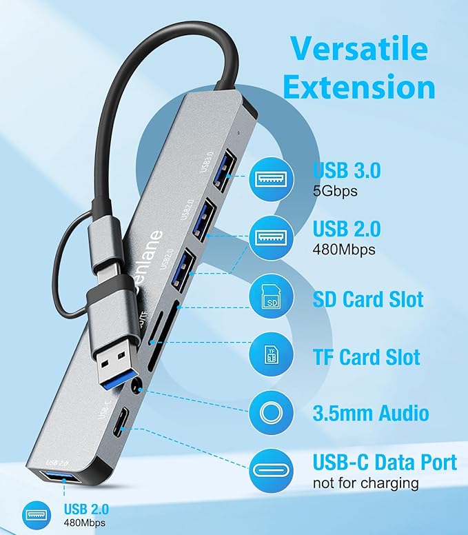 USB C Hub USB Hub 3.0 for Laptop, Upgrade 8 in 2 USB Splitter with USB-C/4 USB A Port Extender, TF/SD Card Slot, 3.5mm Audio Adapter, USBC USB Dongle for PC/Mac/MacBook/Laptop/iPad/Tablet