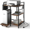 Sedegn Large Printer Stand with 3 AC Outlets for Home Office Devices | Heavy-Duty Printer Table for Laser Printer, Side Paper Storage Bag, 3-Tier Organizer for Shredder, PC Tower & Supplies, Brown