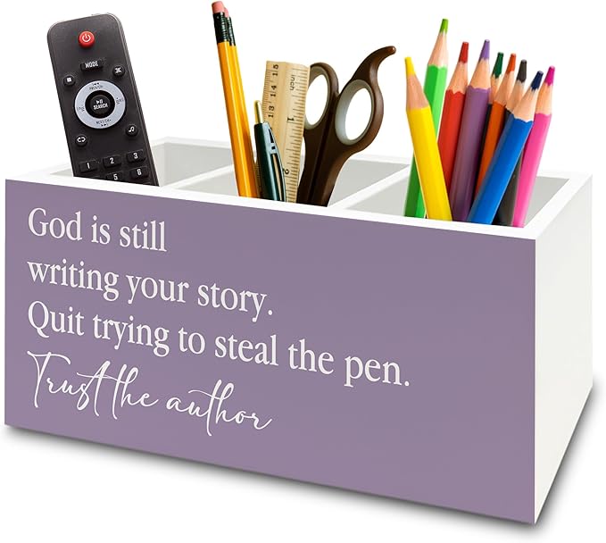 Purple Christian Pen Pencil Holder Organizer for Desk, Christian Gifts for Women, God Is Still Writing Your Story Bible Verse Wooden Box Sign for Home Office Desk Tabletop Decorations
