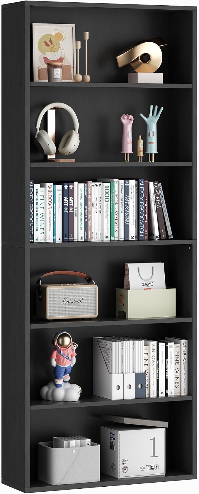 Vongrasig 6-Tier Open Bookcase and Bookshelf, Floor Standing Wood Display Storage Shelves 71 Inch Tall Bookcase Home Decor Furniture for Home Office, Living Room, Bed Room, Black