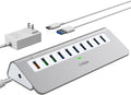 Powered USB Hub 10Gbps, 10 Port USB 3.2 Gen 2 Hub with 7 USB 3.2 Data Ports, 3 Fast Charging Ports, 36W Power Adapter, Type A and Type C Cable, Aluminum USB Hub for Laptop, Mac, PC