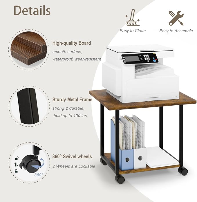 MARTY 22"x15.75" Large Under Desk Printer Stand with Storage Shelf 2-Tier Rolling Printer Cart with Wheels Printer Table for Home Office Heavy Duty Storage Rack for Scanner Fax Machine, Rustic Brown