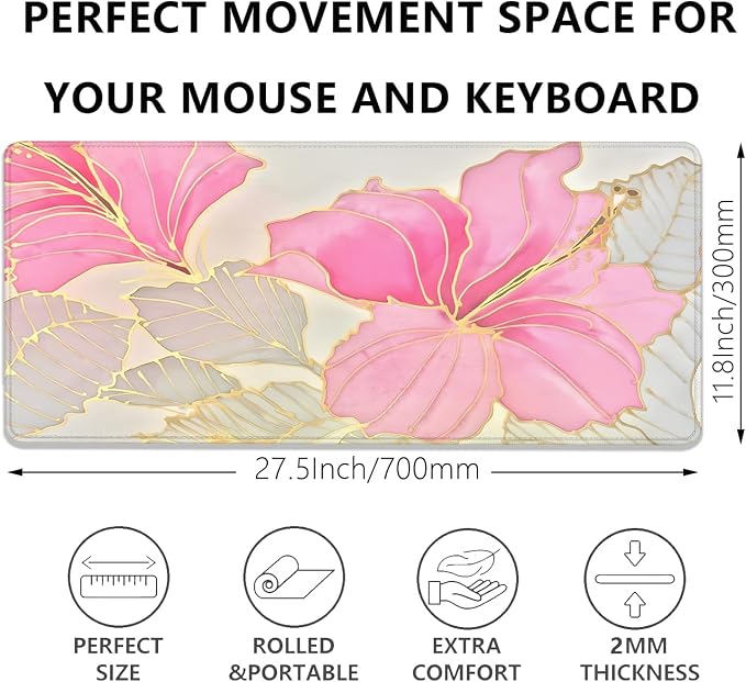 Abstract Floral Mouse Pad Desk Mat,Pink and Gold Extended Gaming Mouse Pad with Stitched Edges,Non-Slip Waterproof Rubber Base for Office,Computer,Keyboard,Laptop and Home Desk Pad(27.5X11.8 in)