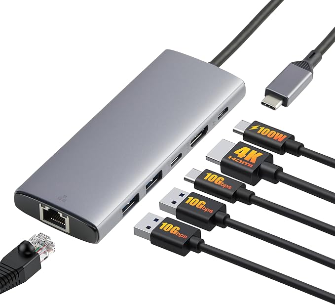 Amazon Basics 6-in-1 USB-C 3.2 (10G) Hub, Multiport Adapter with 100W Power Delivery, 4K HDMI, Ethernet, 2 USB-A, 1 USB-C, Light Grey, 4.70 x 1.81 x 0.59 inches