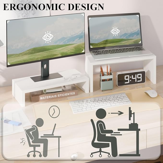 TEAMIX Adjustable White Monitor Stand Riser - 2 Pack, Wood 2 Tier Adjustable Stand for 2 Monitors/Laptop/PC