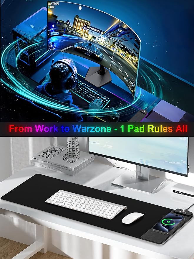 Mouse Pad with Wireless Charging, Large Desk Mat RGB Gaming Mousepad, 10 Light Colors LED Gaming Pad Keyboard Pad with Ultra-Smooth Surface & Non-Slip Rubber Base, Waterproof Full Desk Mouse Pad