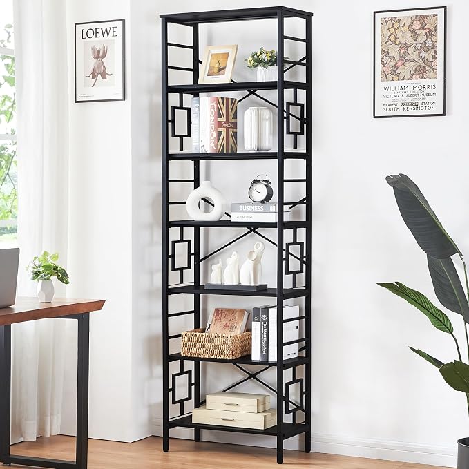 HOMISSUE Tall Bookshelf, 84 Inch Industrial Bookshelf with Metal Frame and Open Shelves, 7 Tier Metal Bookshelves and Bookcases, Rustic Tall Book Shelf for Office, Living Room and Bedroom, Black