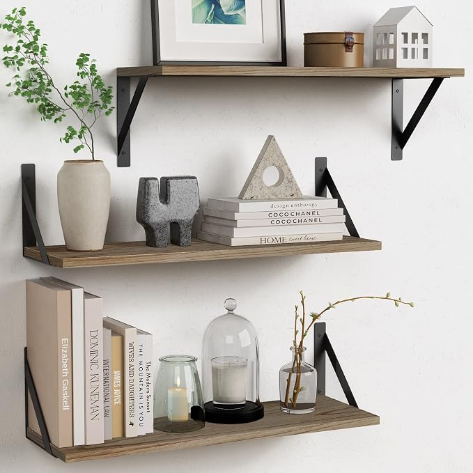 Forbena Wood Floating Shelves for Wall 24 inches Long, Large Bathroom Hanging Shelves Set of 3, Wall Mounted Storage Shelf for Bathroom Bedroom Living Room Kitchen Closet (Natural Wood)