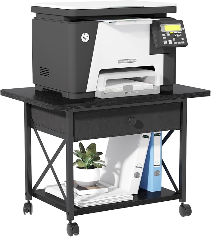 EasyCom 23.6" x 15.7" Under Desk Printer Stand with Storage Drawer, 2-Tier Shelf Desktop Printer Table for Desk with Wheels, Large Rolling Cart for Home Office Fits 3D Printer Scanner Black