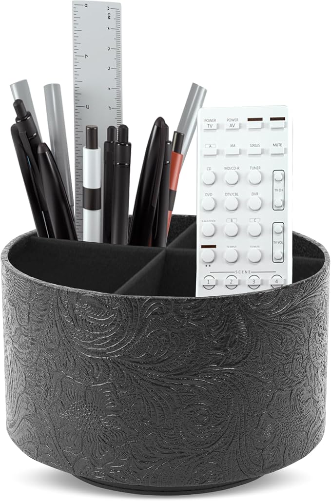 lizimandu Round Leather Art Supply Organizer,Remote Control Holder,360 Degree Spinning,Multi-Functional Pencil Holder,4 Compartments Desktop Stationary Organizer(1-Black2)