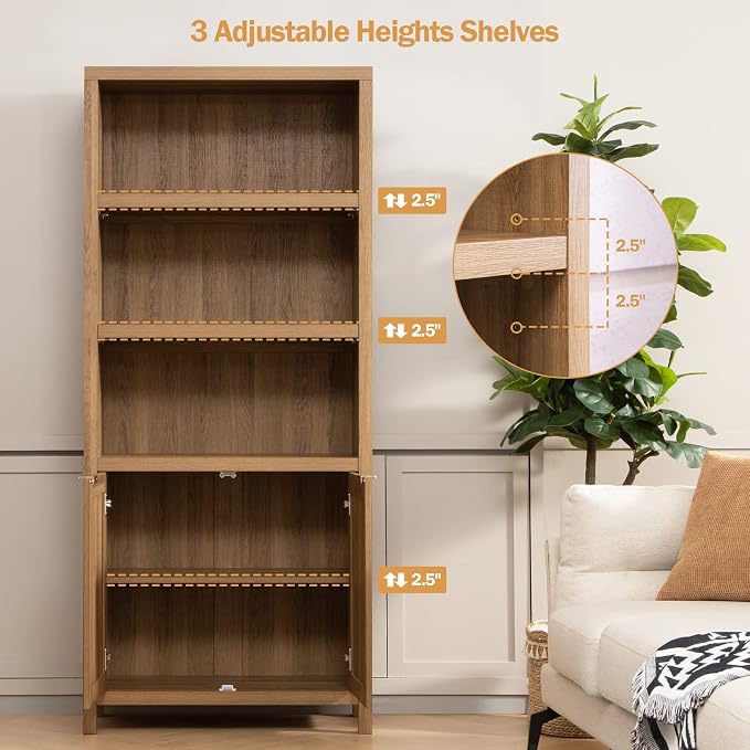 SICOTAS Bookcase 71" Tall Bookshelf 5 Tier Rattan Boho Bookcase with Doors Storage Large Book Case Shelf Farmhouse Bookshelves Library Book Shelves for Living Room Bedroom Home Office Kitchen