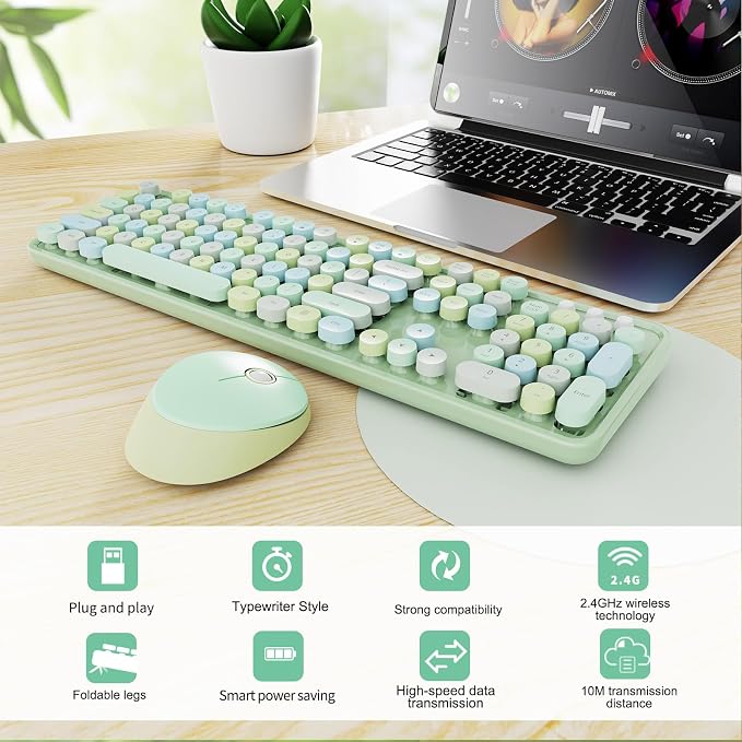 Wireless Keyboard and Mouse Combo, Ergonomic Full Size Typewriter Retro Round Keycaps Keyboard, Compatible with Windows, PC, Perfer for Home and Office Keyboards (Green